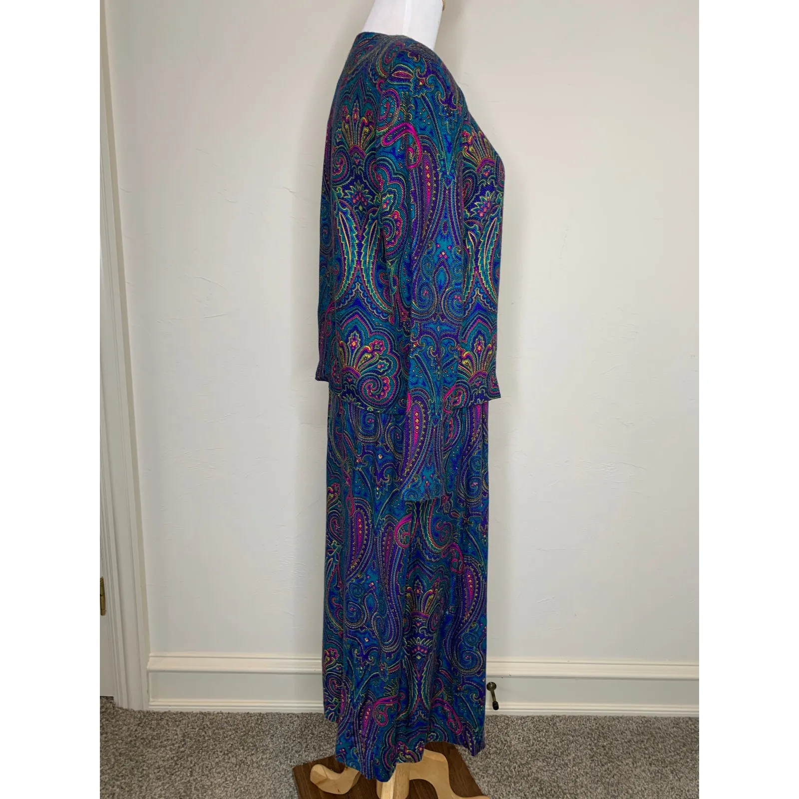 90s Vintage Turquoise Pink Paisley Top Skirt Set Sz XS Blue - Image 4