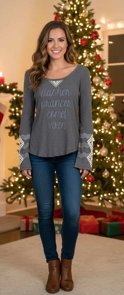 Judith March Women’s Medium Gray Waffle Knit Dasher Dancer Long Sleeve Shirt - Image 1