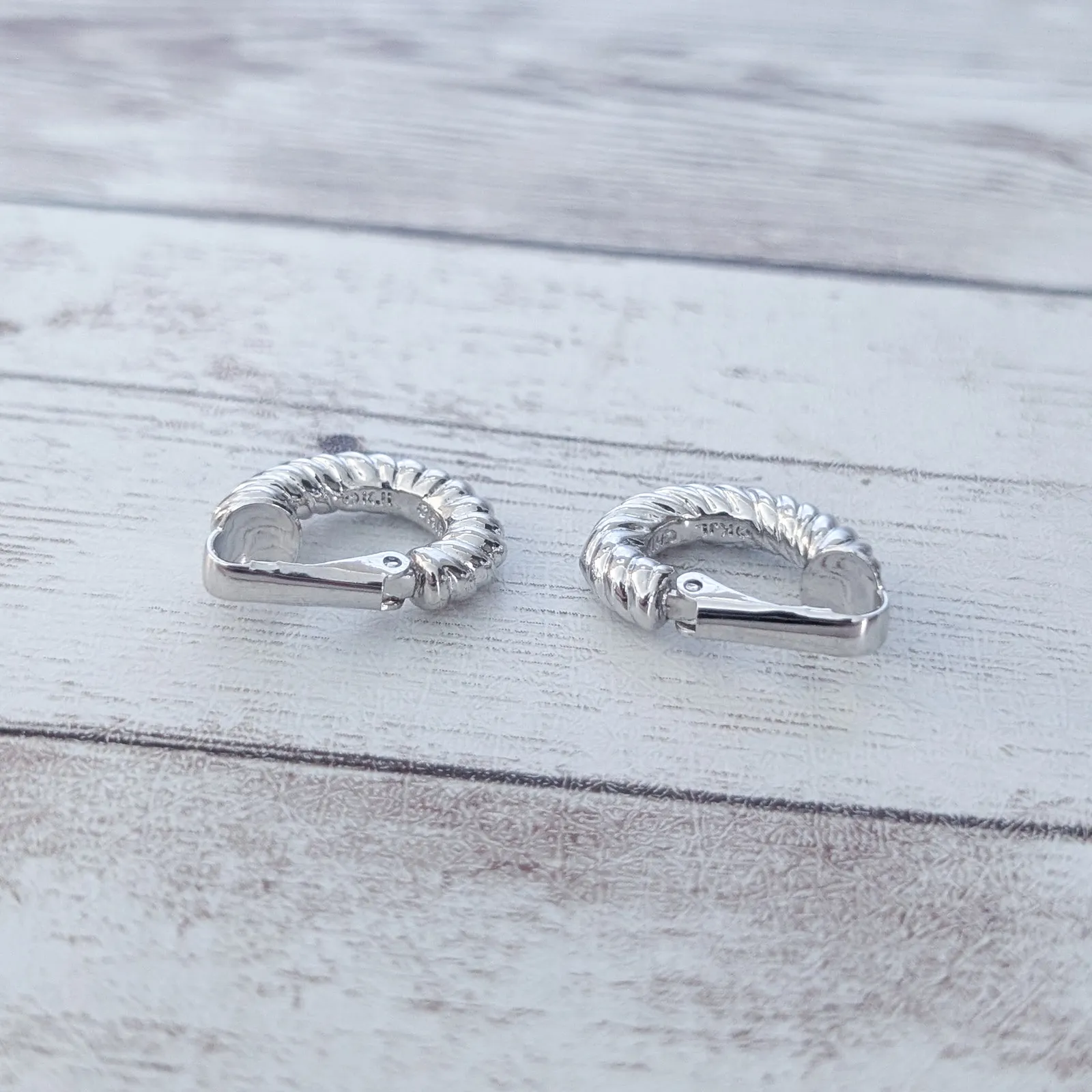 Vintage Clip On Earrings Stylish Elongated Silver Tone Hoops with Line Design - Image 5