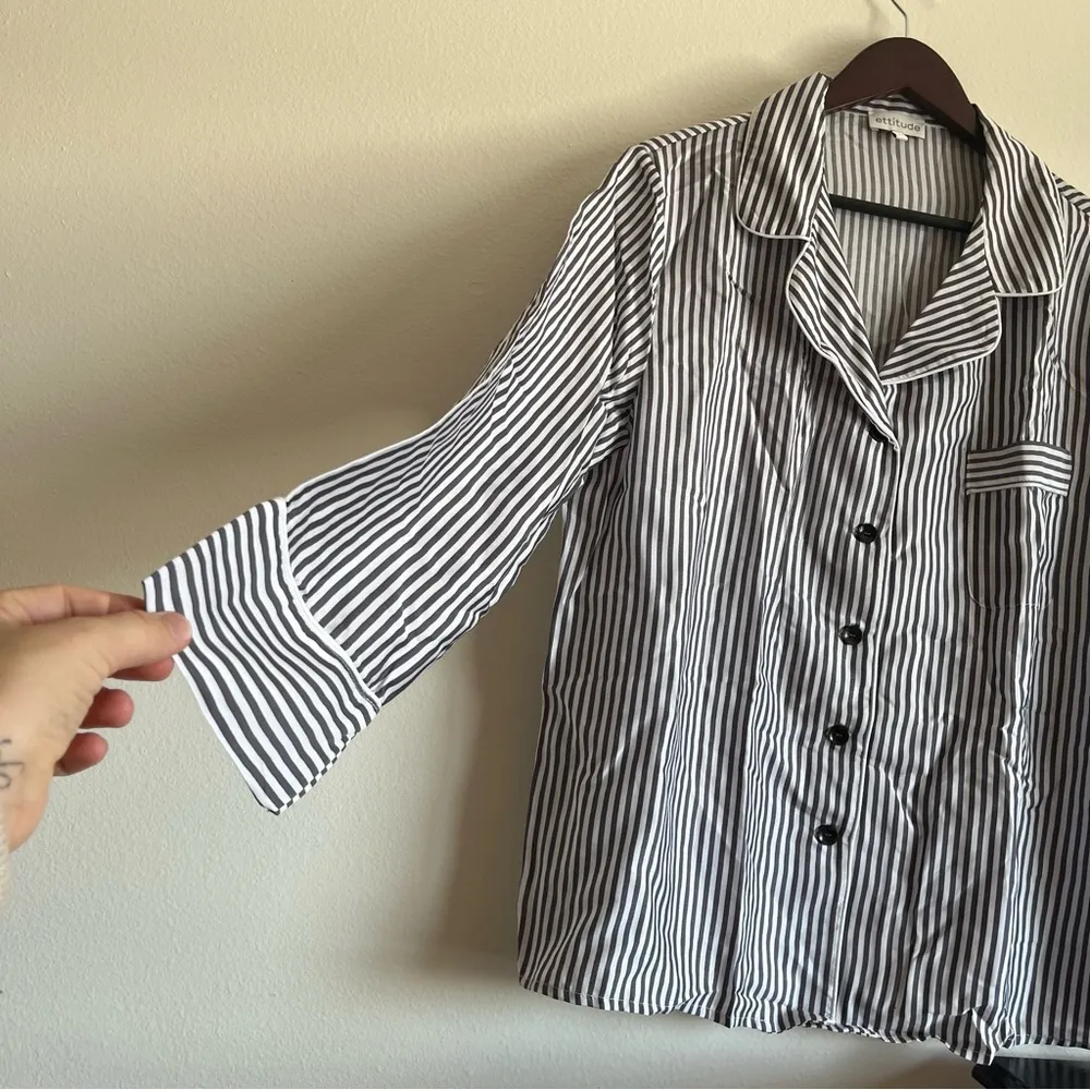 NWT ETTITUDE Grey Stripe Long Sleeve PJ Pajama Shirt Size Small Black - Image 6