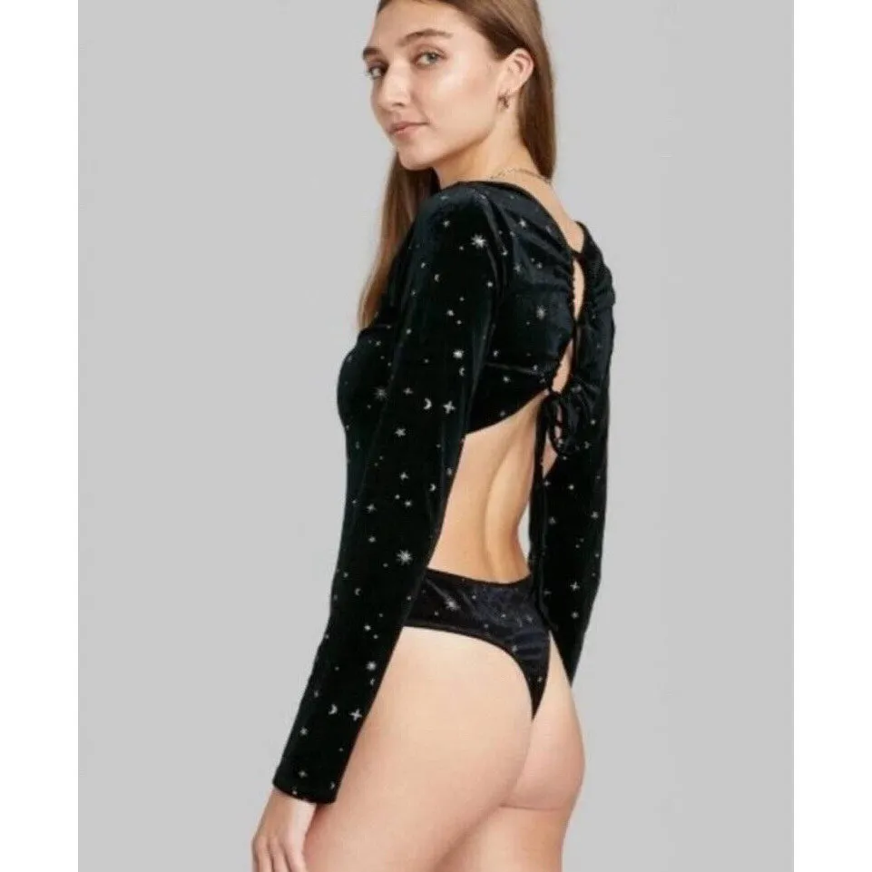 Wild Fable Velvet Stars & Moons Long Sleeve Keyhole Open Back Bodysuit Black S - Image 3
