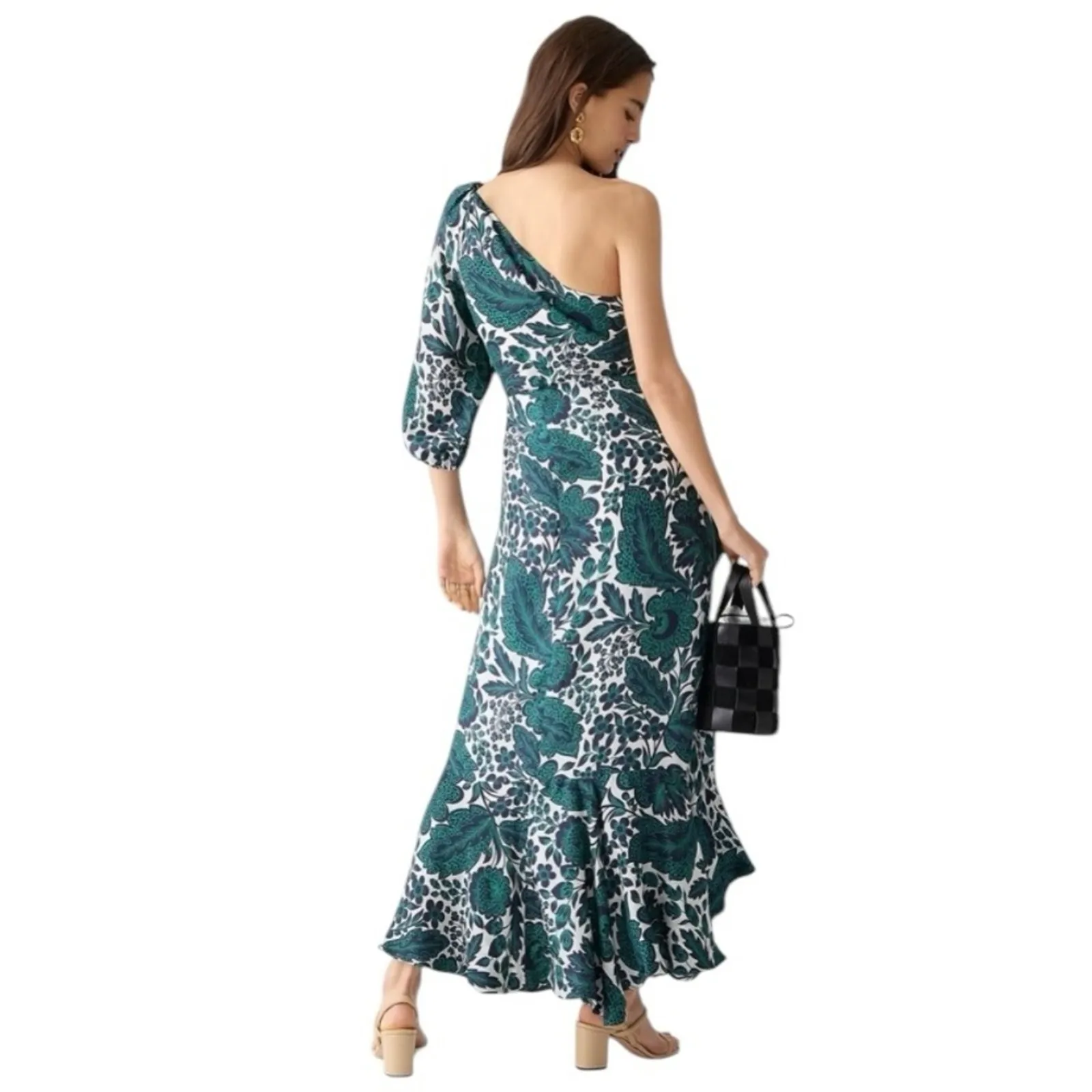 J. Crew Collection One Shoulder Ruffle Hem Dress size 8 Emerald Green Floral - Image 2