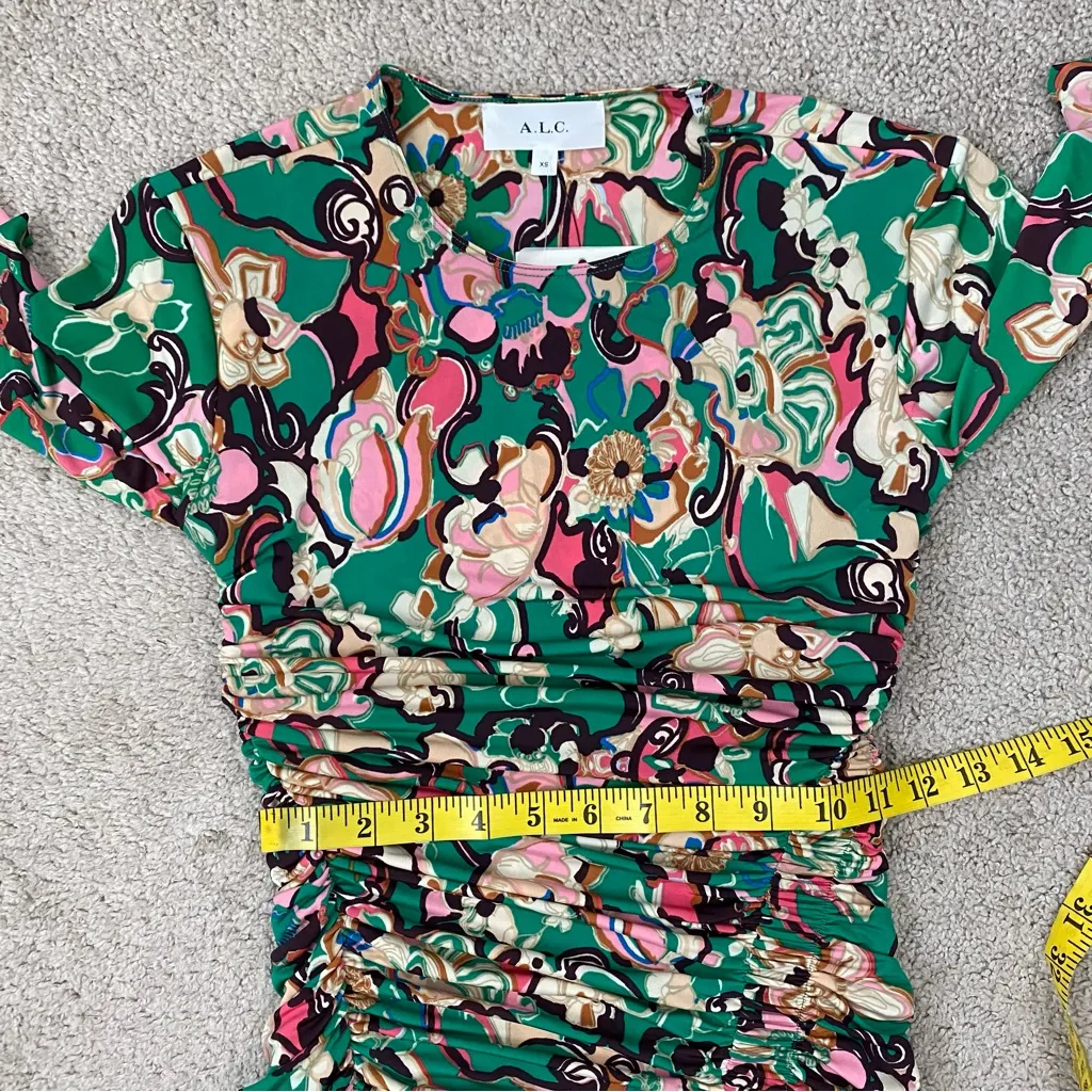 A.L.C. Kiki Ruched‎ Mini Dress Emerald Multi Floral XS - Image 8