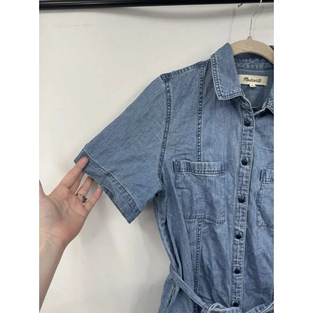 Madewell Denim Seamed Courier Shirt Dress‎ Women Medium Blue Chambray Tie Waist - Image 7