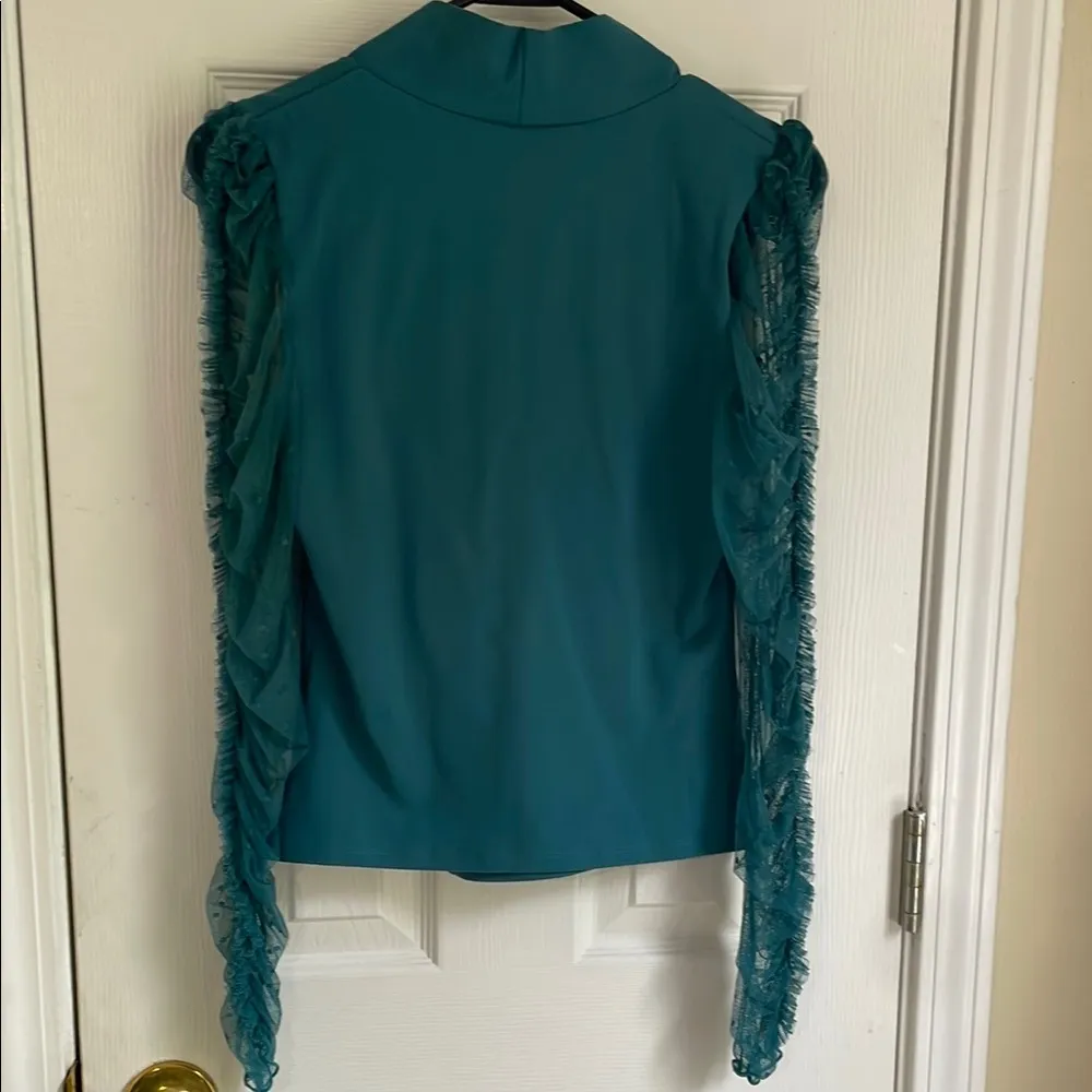 Free People Blue Ruffled Mesh Sleeve Blouse - Image 5