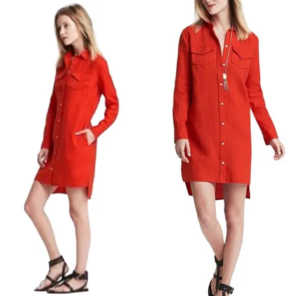 BANANA REPUBLIC Alexi Linen Shirt Dress Button Front Collared Red Orange Size 8 - Image 2