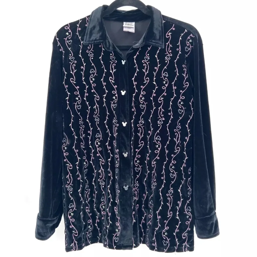 The Disney Store Black Velvet Mickey Mouse Floral Vine Button Up Shirt‎ Size S - Image 2