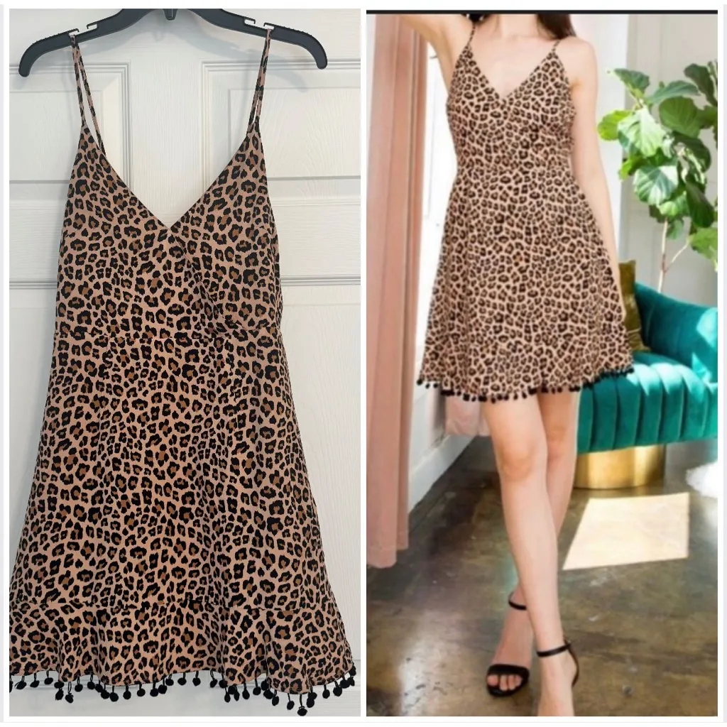 THML Leopard Print Mini Dress M Beige Black Pom Pom Hem - Image 2