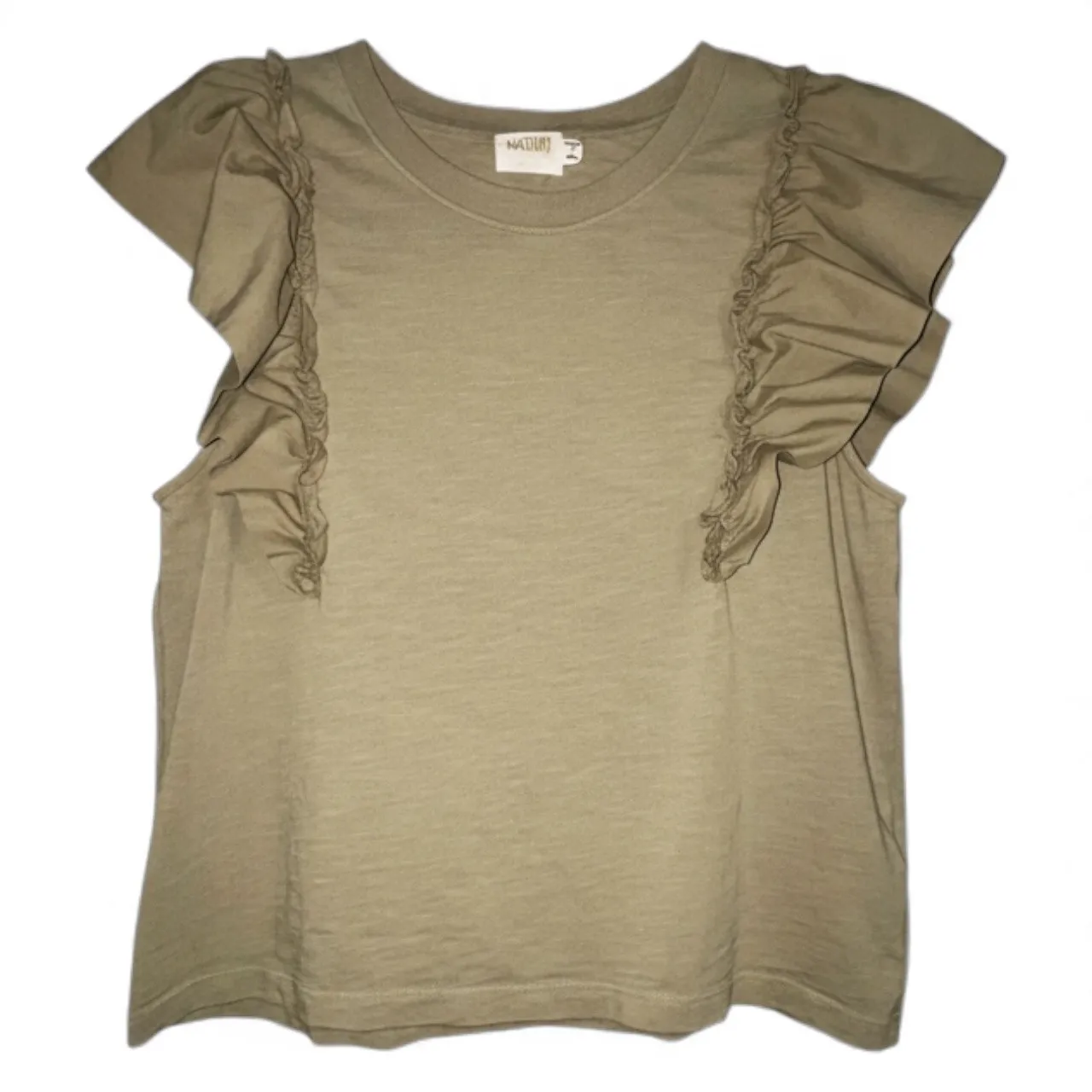 Nation Ltd Para Ruffle Sleeve Boxy T Shirt Safari Pima Cotton Size L Tan Size L - Image 4