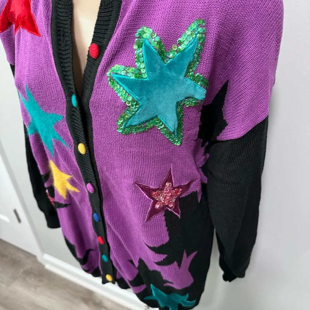 Qui Designer Collection Sweater Cardigan Stars Vintage 80s Sequin Purple Pop - Image 3