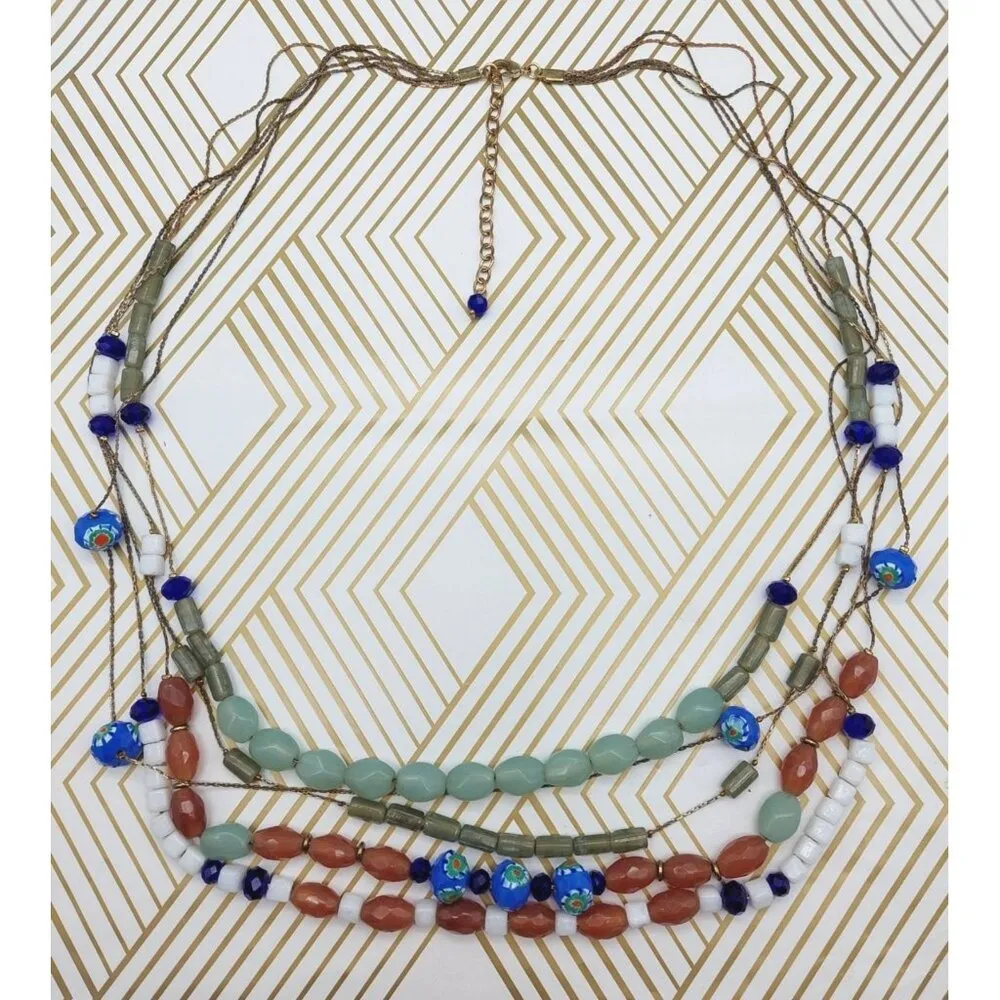 Long Multi Strand Glass Mixed Bead Necklace Dark Gold Tone Chains Colorful 28" - Image 7