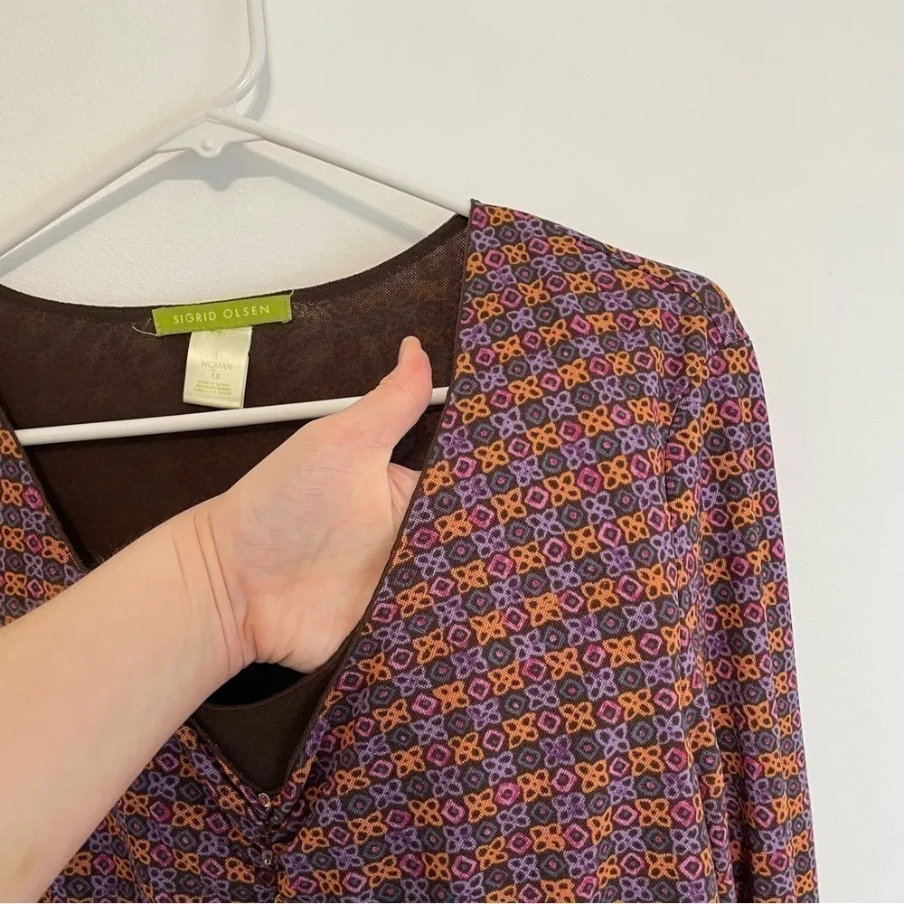 SIGRID OLSEN Plus Size Purple Orange Brown Multi Geo Retro Mesh 3/4 Sleeve Top - Image 5