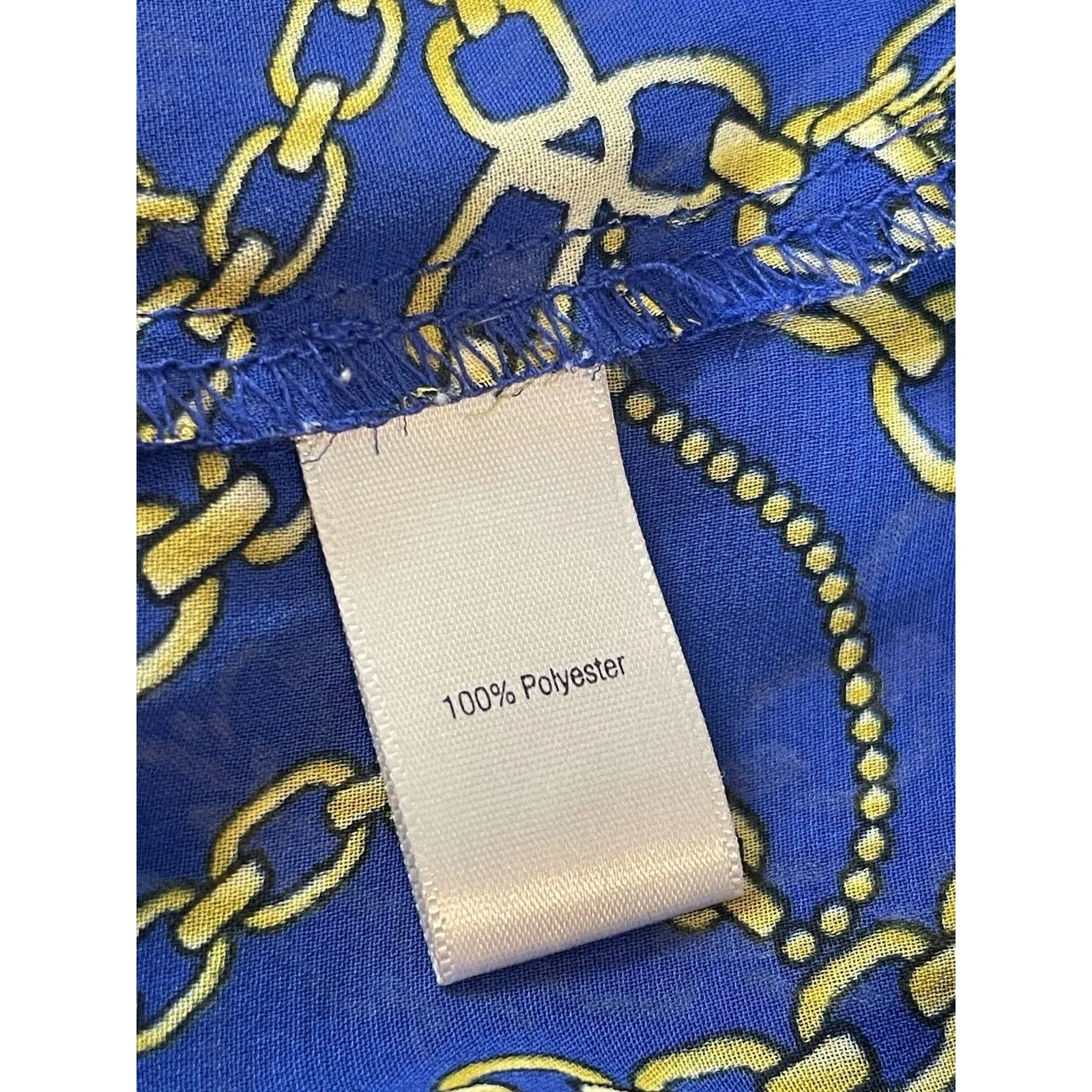 Jennifer Lopez 1X Sheer Blue Gold Chain Print Equestrian Nautical Mob Wife Top - Image 11