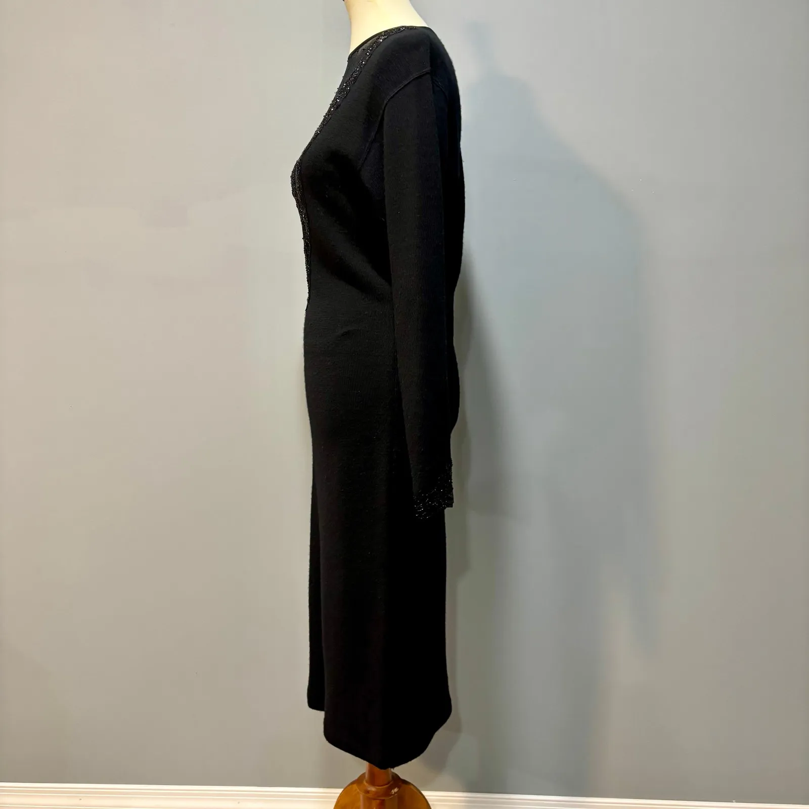 VTG Black Beaded Sheer Illusion Neck Long Sleeve Midi Bodycon Wool Dress, Size M - Image 3