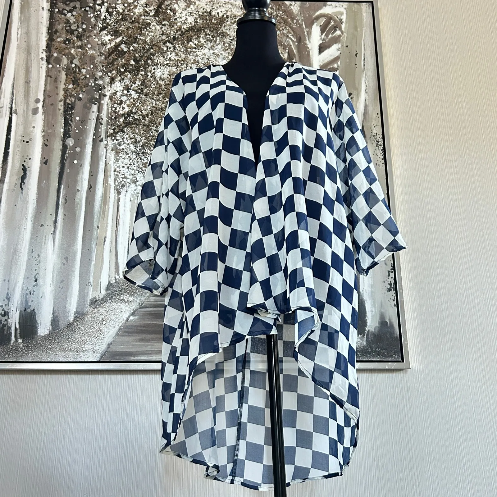 LuLaRoe Womens Lindsay Blue Cream Checkered Lightweight Sheer Kimono - Size M - Image 3