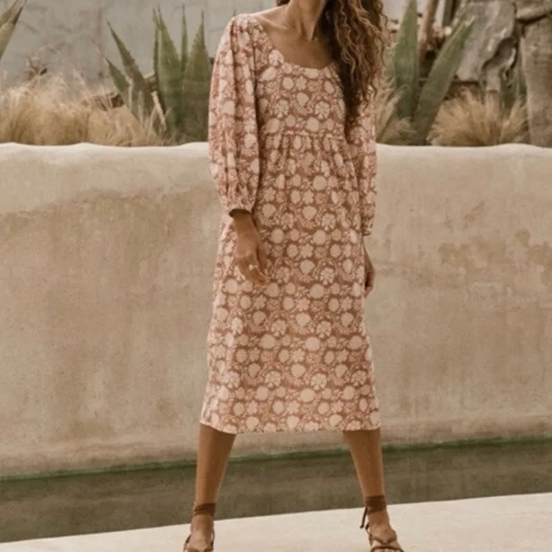 Faherty Freya Clay Jai Floral Dress Small Cotton Puff Sleeve - Image 3