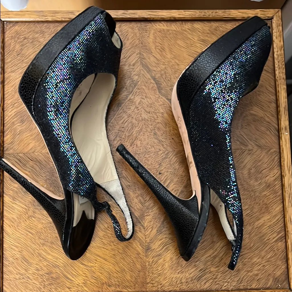 Jimmy Choo Black Glitter Peep Toe Slingback Heels Size 37/US 7 - Image 7