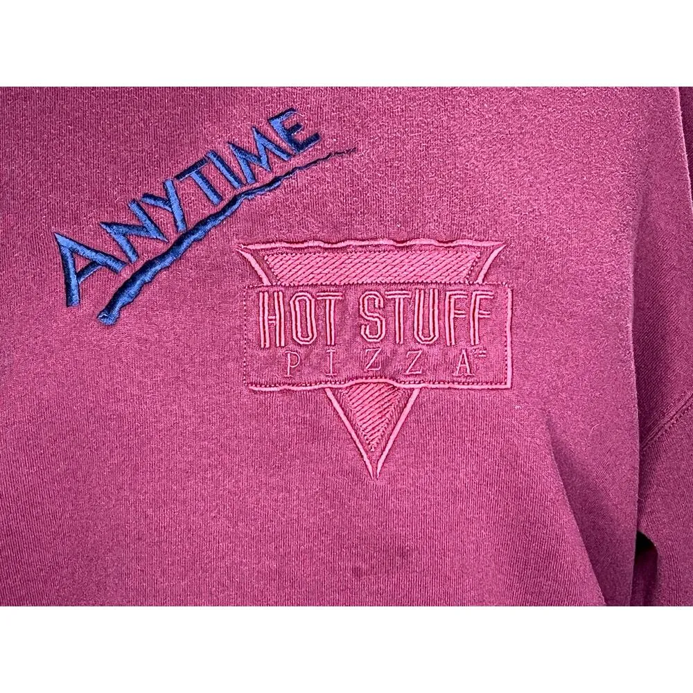 sweatshirt anytime hot stuff pizza maroon blue embroidered 1990s Size L - Image 2