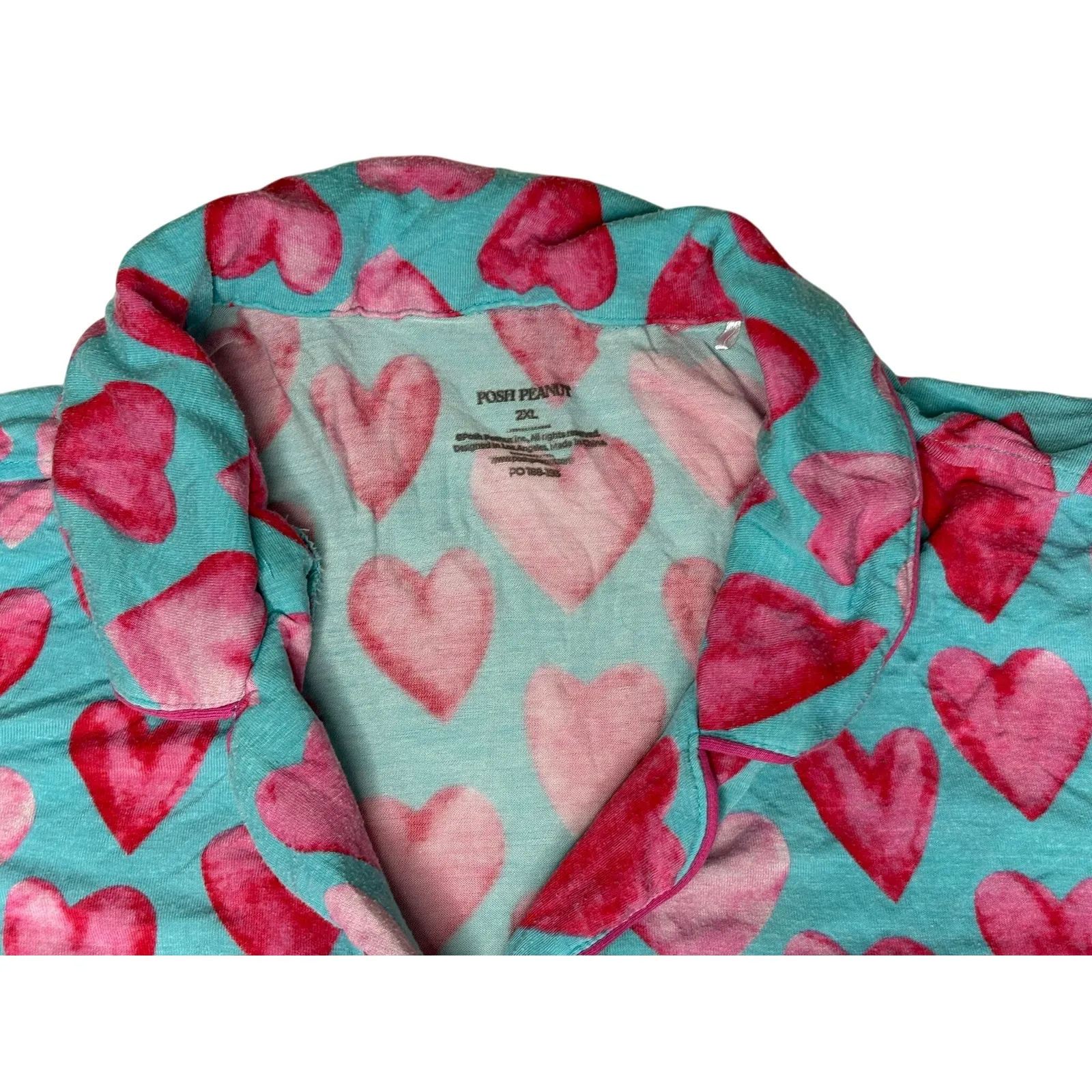 Posh Peanut Bamboo Queen of Hearts Pajama Pant Set Long Sleeves 2XL Aqua Pink Size XXL - Image 2