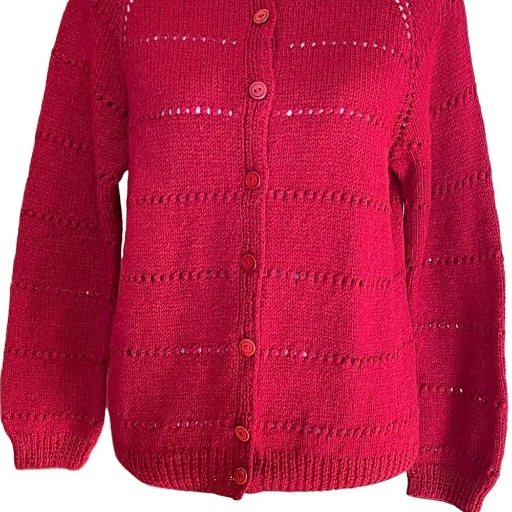 Hadmade Women’s Handcrafted Open Knit Red Cardigan Sweater Hand Knitted Size M - Image 3