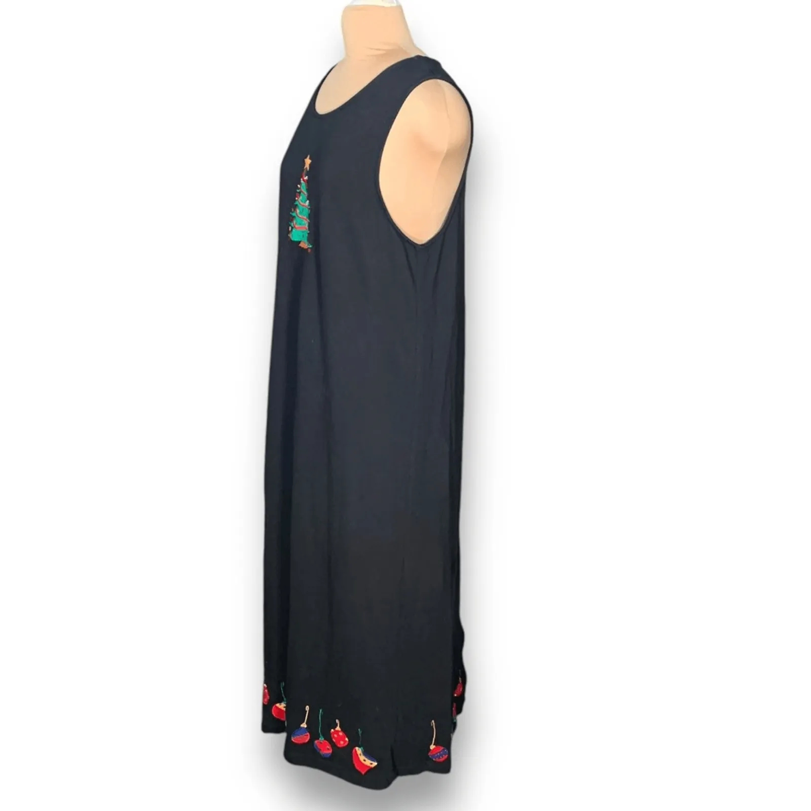 Vintage 90s Black Christmas Tree Embroidered Sleeveless Maxi Dress Festive Size L - Image 4