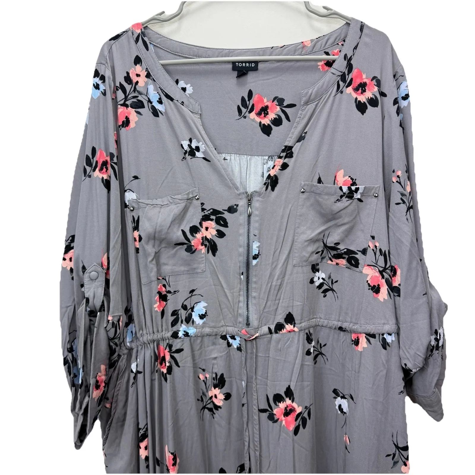 Torrid‎ Gray Floral Challis Zip-Front 3/4 Tab Sleeve Shirt Dress Size 4X - Image 5