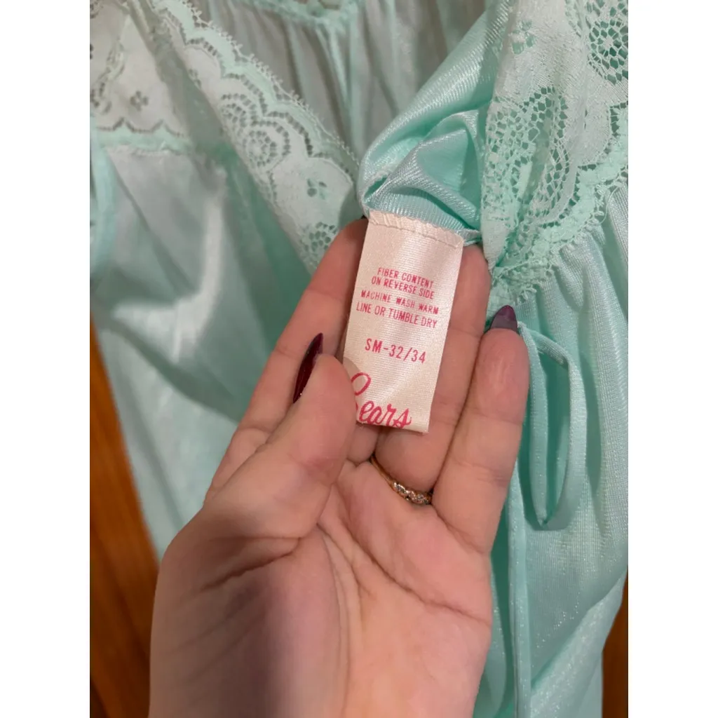 Vintage Sears Mint Green Sheer Lace Peignoir Nightgown Set 60s 70s SM - Image 10
