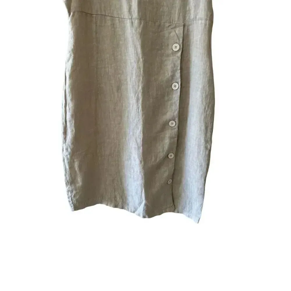 Lavinia Al Temple Linen Beige crew neck Short Sleeves Faux Side Buttons L # 1914 Tan Size L - Image 3