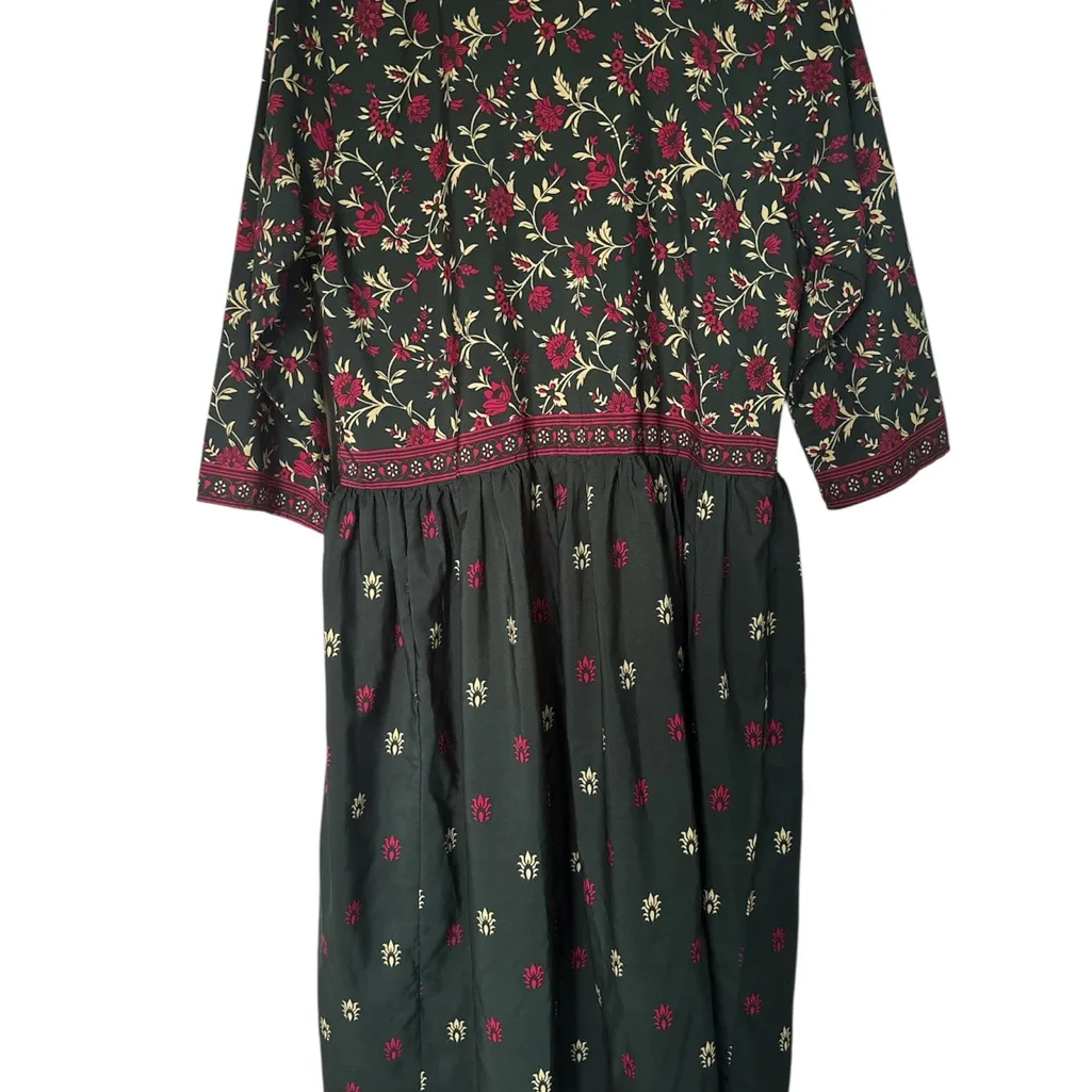 Rust Orange Dark Green India Flower Dress Black Size M - Image 5
