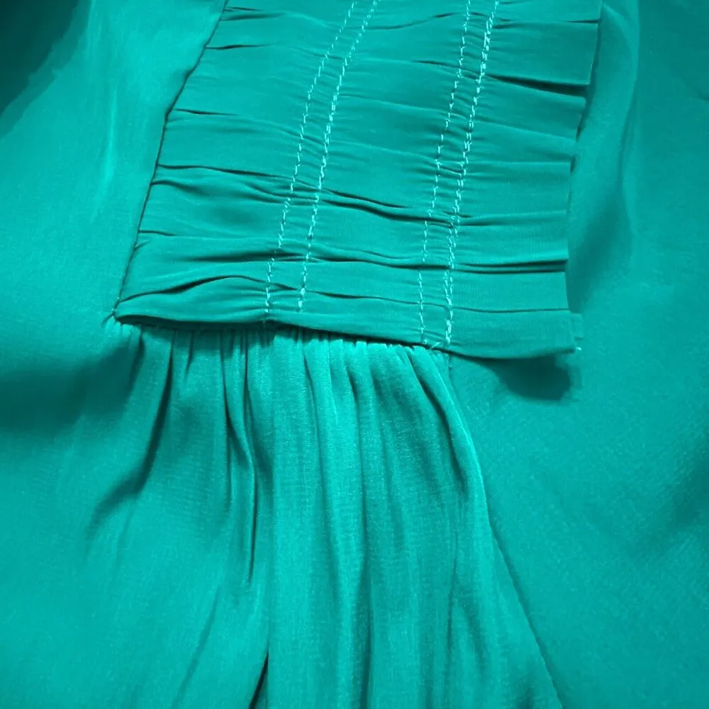 Chicos 2 Midi Dress 12 Teal Green Crinkle Pleated 3/4 Sleeve Button Up Tie Waist - Image 5