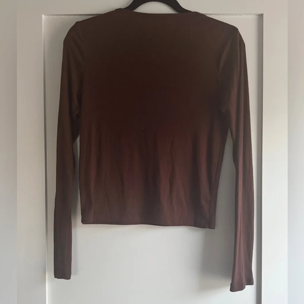 Zara Brown Ribbed Long Sleeve Cutout Top Sz Large Minimalist Neutral Fall Layer - Image 2