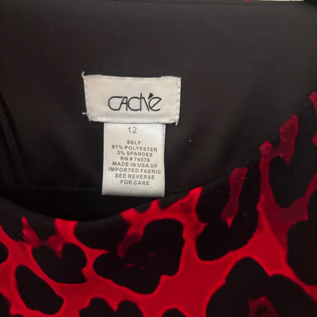 Cache Vintage Red Black Animal Print Belted Midi Dress Size 12 Whimsigoth Cheeta - Image 6