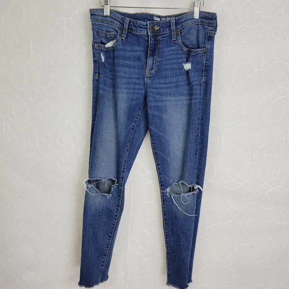 Gap Womens Jeans Size 6 Blue Distressed Coupe Girlfriend Y2K Knee Ripped Skinny - Image 19