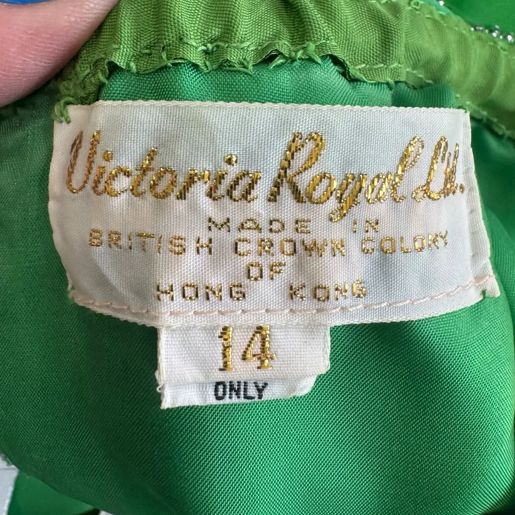 Victoria Royal Ltd 1960s Green sequin & Beaded Vintage Gown Dress sheer sleeves Size M - Image 6