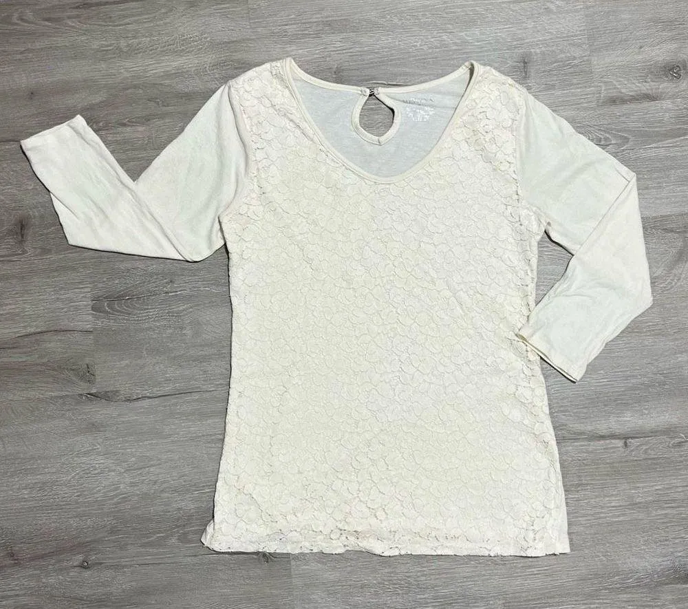Merona Ivory Lace Overlay 3/4 Sleeve Top Women’s M Metallic Gold Shimmer Detail - Image 6