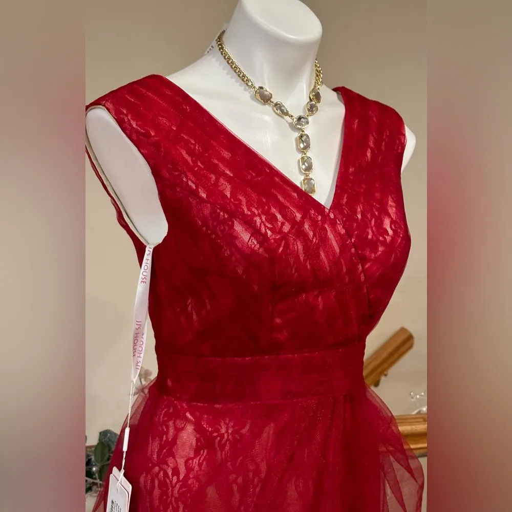 JJ’s House Burgundy Sheath/Column Tea-Length Tulle Cocktail Dress Ruffle Sz 4 - Image 2