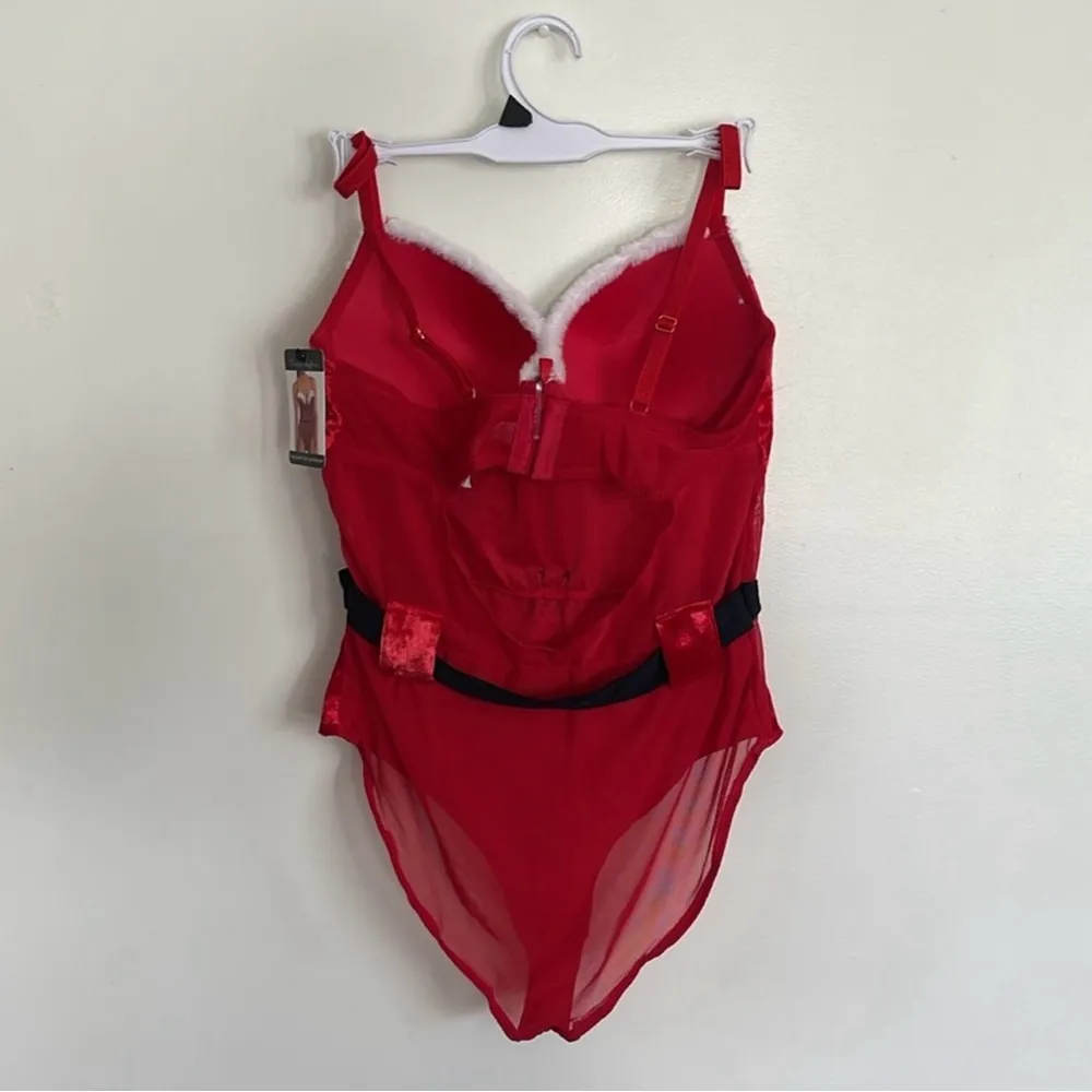 French Affair Santa Christmas Cosplay Red Velvet Mesh Push-Up Lingerie Bodysuit - Image 5
