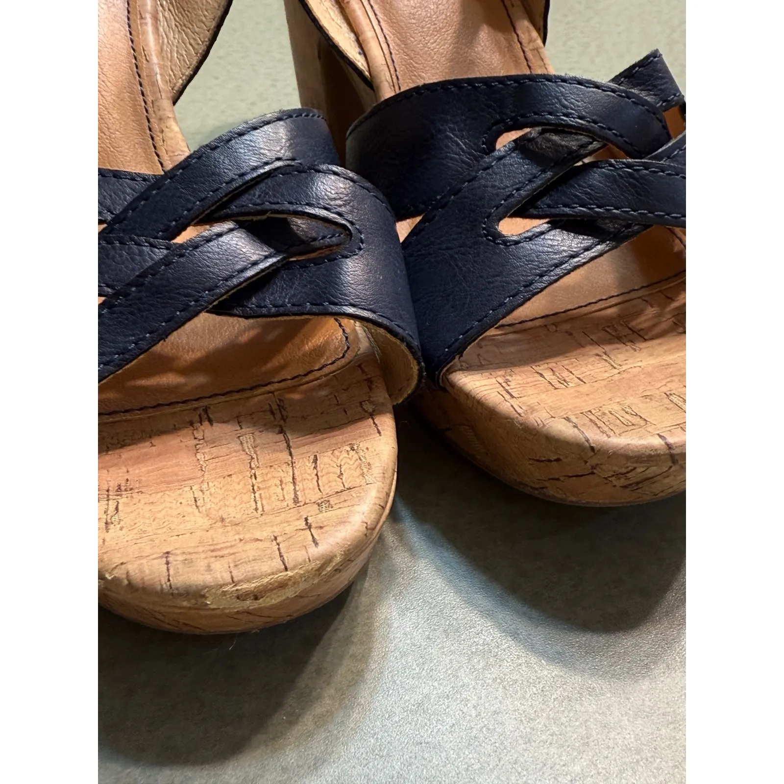 boc Born Shoes Navy Blue Leather Cork Chunky Heel Sandals Women Size 8M - Image 3