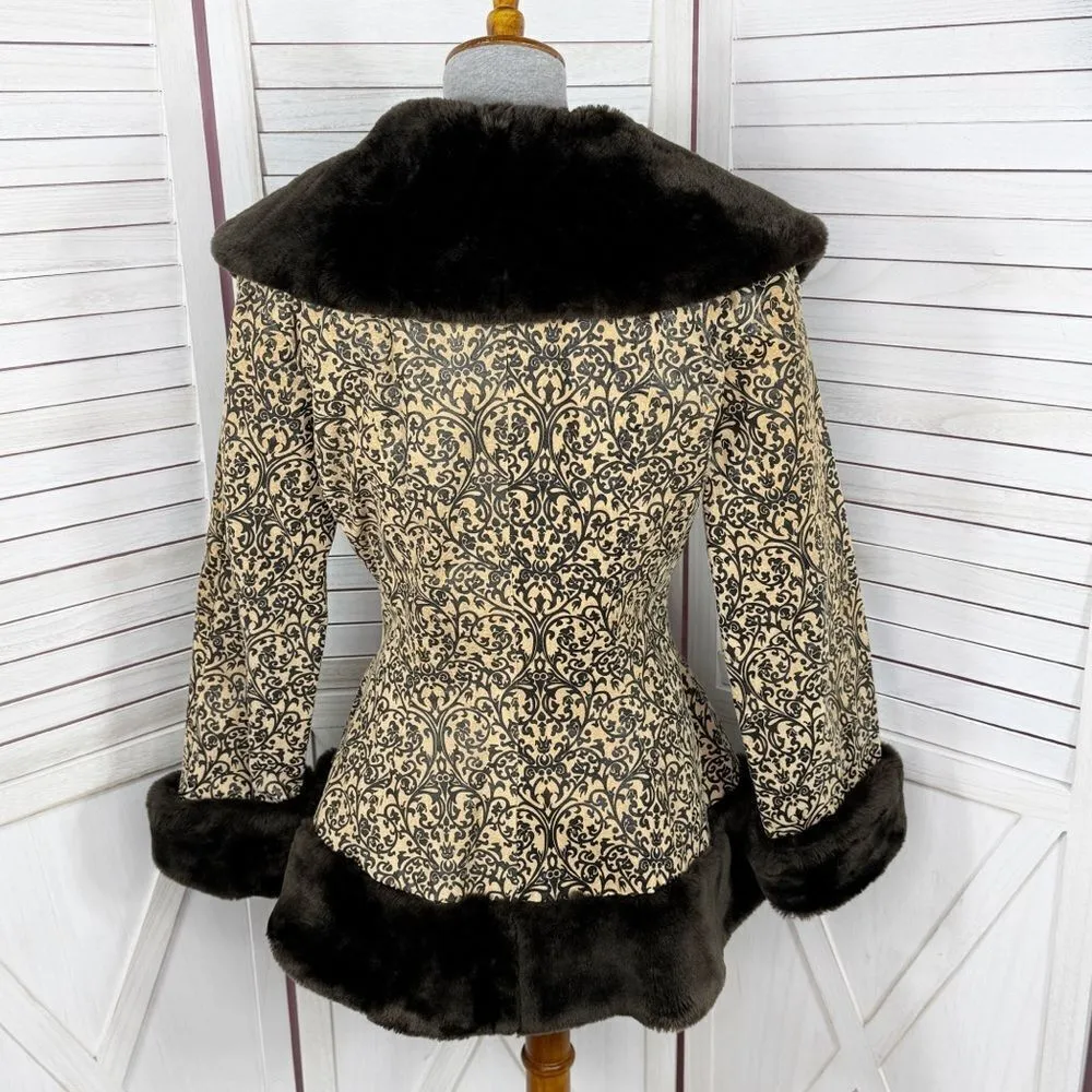 Newport News Vintage Embossed Faux Fir Trim Leather Princess‎ Swing Coat Small - Image 4