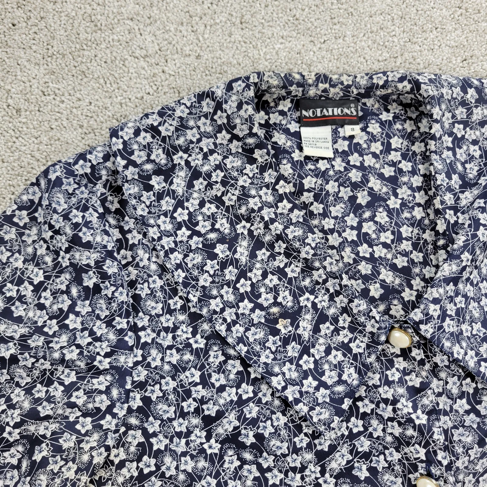 Notations Womens Shirt‎ 8 Blue White Floral Pearl Button Short Sleeve Collared - Image 7