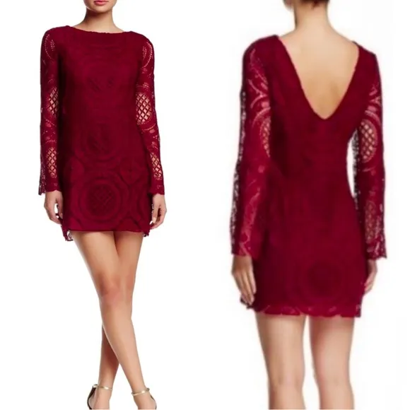 Alexia Admor • burgundy lace mini dress cocktail bell sleeve maroon low back - Image 2
