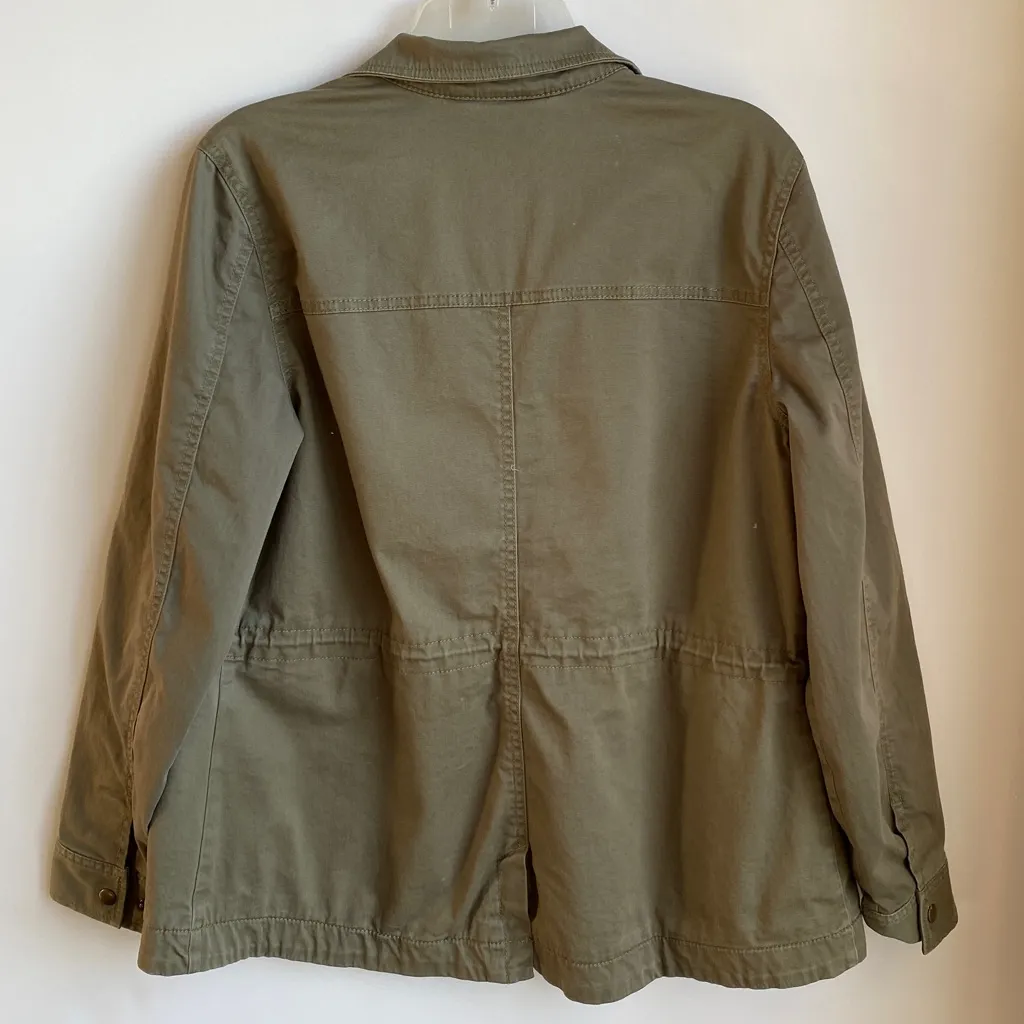LL Bean Classic Flannel Lined Utility Jacket Olive Cotton Drawstring Waist Size M - Image 5
