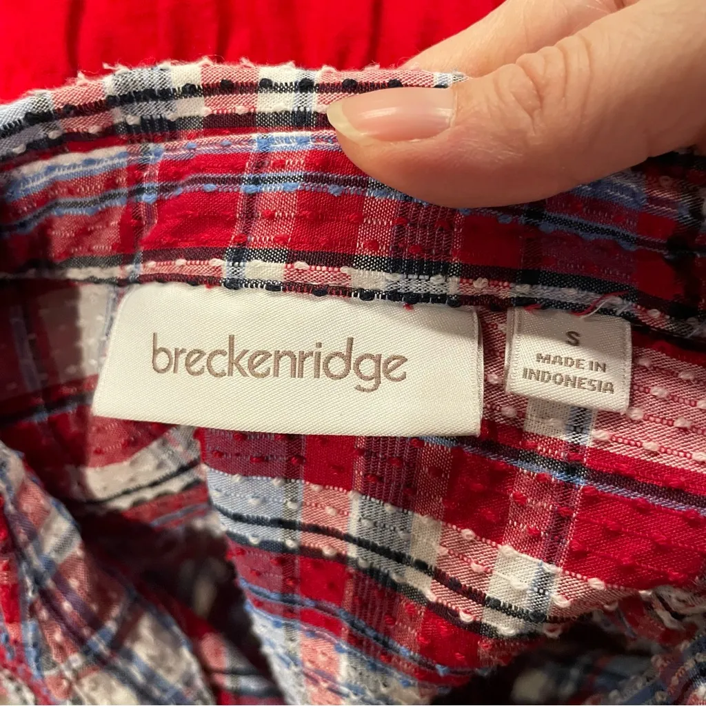 Cute vintage 90s plaid seersucker breezy short sleeve blouse beach coastal USA - Image 4