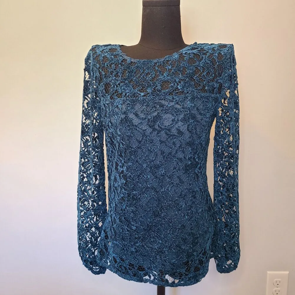 Sundance Womens Remarkable Beauty Top Witchy Velvet Crochet Lace Size XS Teal Green - Image 4