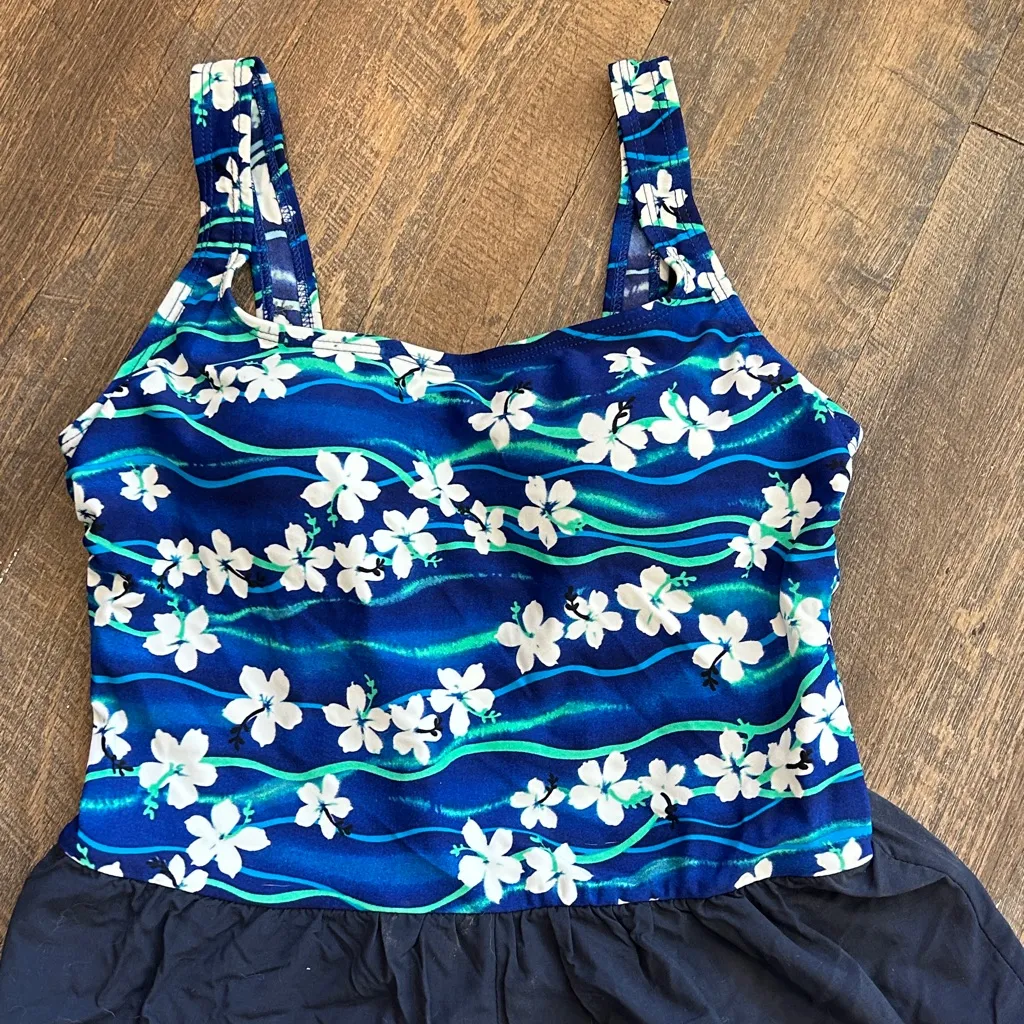 White Sand One Piece Swim Suit with Shorts Floral Modest Size 12 Blue - Image 2