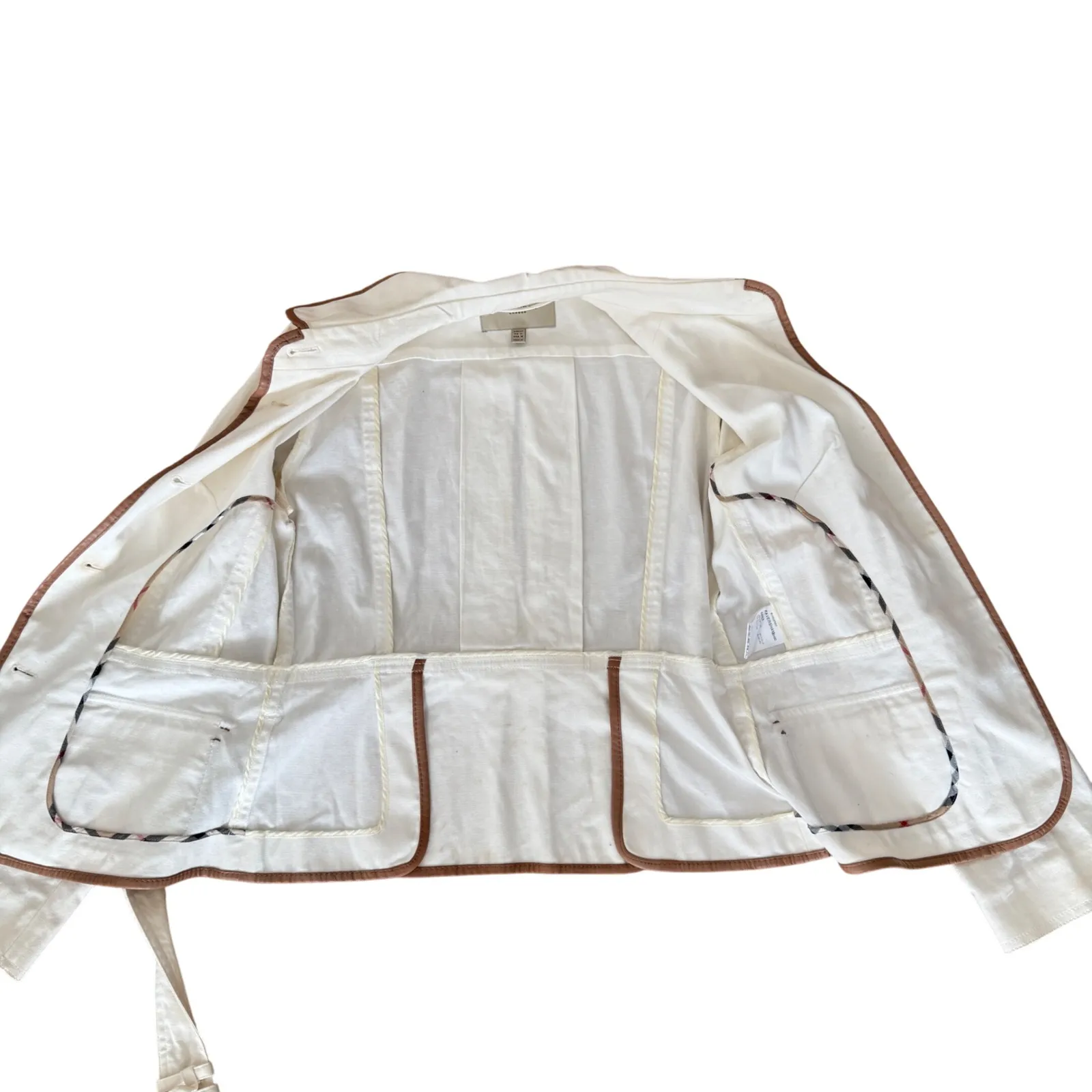 Burberry Faversham Ivory Brown Trim Cotton Blend Belted Jacket UL - Image 8