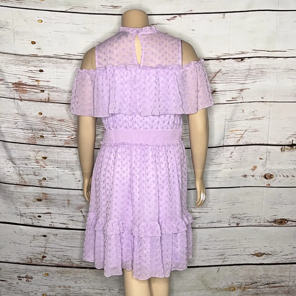 Lane Bryant Size 16 Purple Floral Embroidered Ruffle Trim Cold Shoulder Dress - Image 3