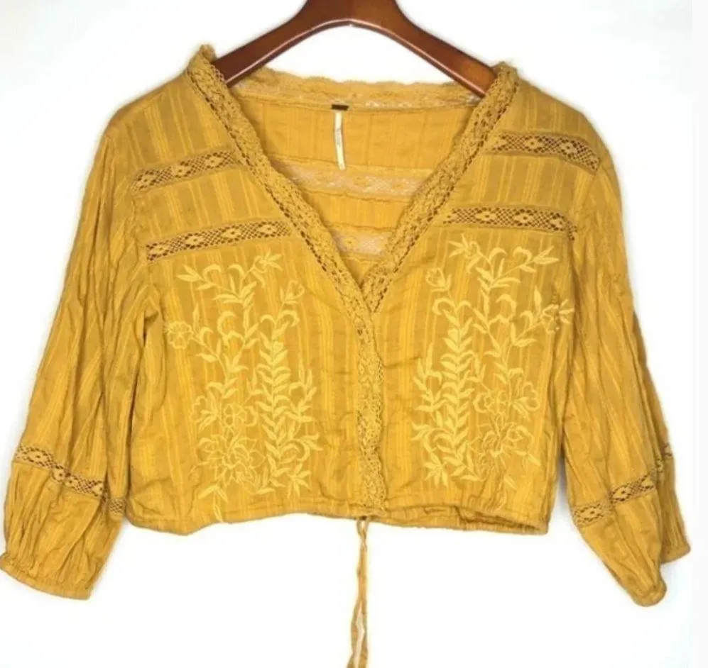 Free People Crop Top M Follow Your Heart Embroidered Golden Harvest Boho Cotton - Image 4