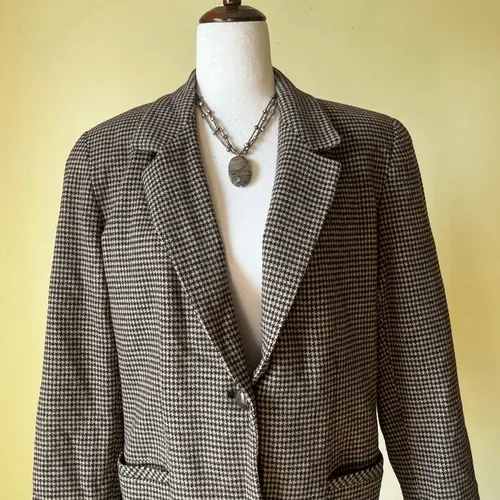 Vintage Chelsea Cambell‎ Petites Wool & Camel Hair Houndstooth Blazer Jacket 12P Tan - Image 2
