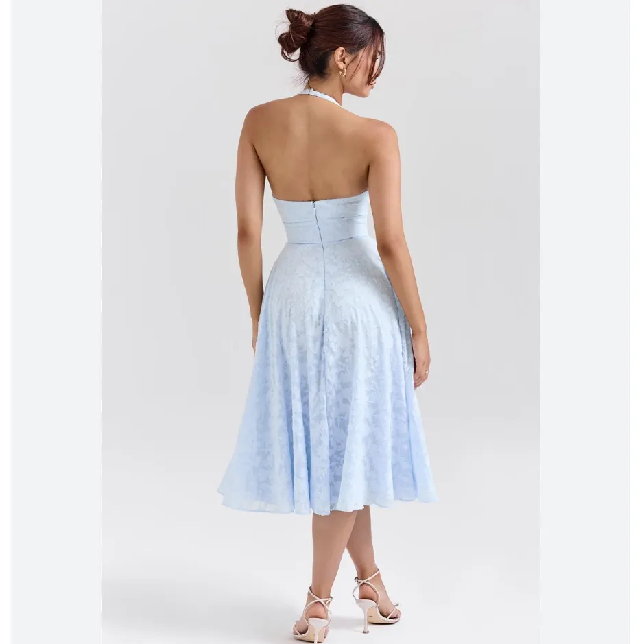 House Of CB Arietta Floral Jacquard Plunge Halter Neck Dress Blue - Image 3